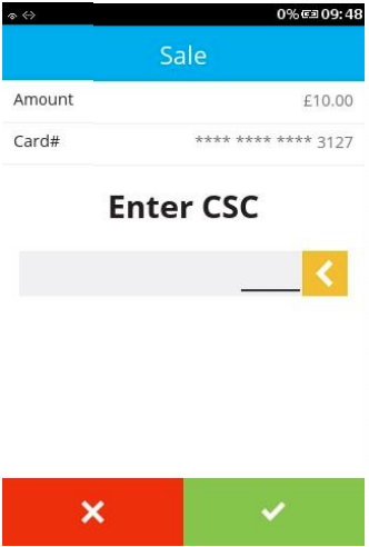 enter three digit card security code from customer card