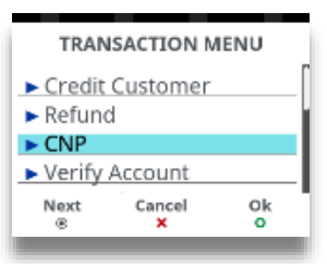 transaction menu for conducting customer not present transaction on desk 3500 terminal