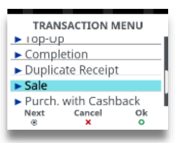 transaction menu for desk 3500, select sale 