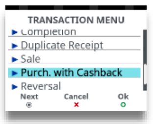 transaction menu to select purchase with cashback feature